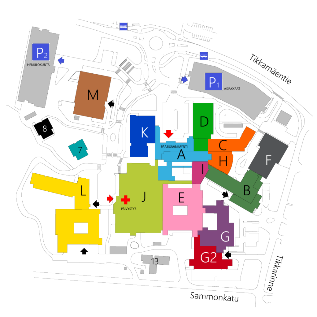 Pohjois-Karjalan keskussairaalan alueen piirros kartta, jossa eri värein ja kirjaimin kuvattu sairaalan eri alueet.